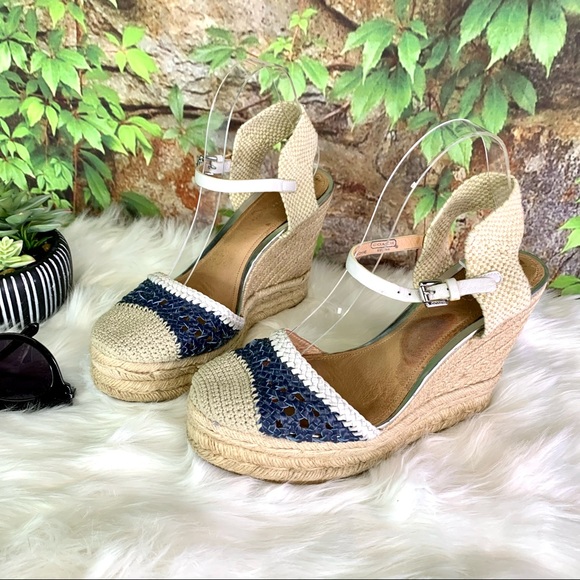 Coach Shoes - COACH Feline Navy and Cream Crochet Espadrille Wedges, 9.5